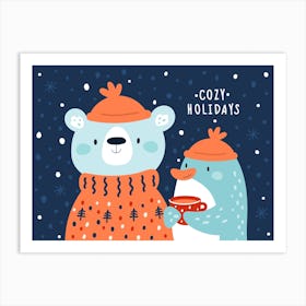 Cozy Holidays Bear and Penguin Christmas Art Print