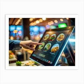 A Person Uses A Self Service Touchscreen Kiosk To Order Food At A Restaurant Art Print