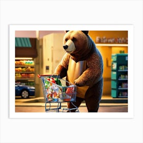Animated bear carrying a supermarket cart Art Print