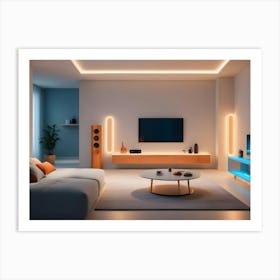 A Modern Living Room Interior With A White Sofa, A Coffee Table, A Plant, And A Tv On A Cabinet With An Orange Glow Art Print