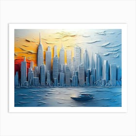 3d Relief with City Skyline with Raised Elements, Oil Painting Art Print