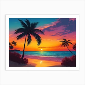 A Tranquil Beach At Sunset Horizontal Illustration 50 Art Print