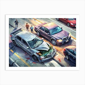 Car Crash Scene On A Busy City Street Art Print