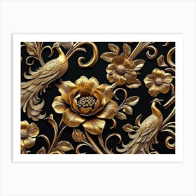 Elegant Leather Base Golden Floral Seamless Damask Flowers with Golden Peacocks Isolated on Black Background 1 Art Print