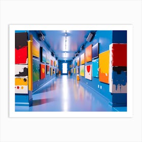 Blue Hallway With Colorful Paintings Art Print