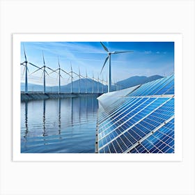 A Panoramic View Of A Field Of Wind Turbines And Solar Panels Art Print