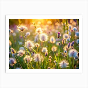 Field Of White Fluffy Flowers In Sunset Light Art Print