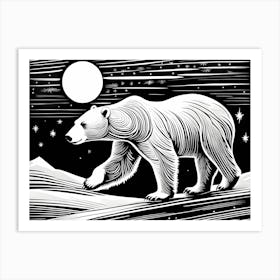 Polar Bear Cavorting In The Arctic Expanse Linocut Art, animal art, 171 Art Print