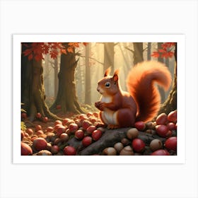 Red Squirrel Sitting On A Log Surrounded By Acorns In A Forest 2 Art Print