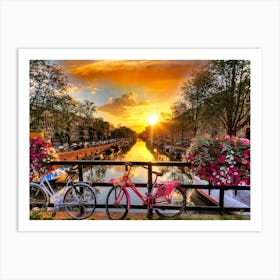 Sunset In Amsterdam Landscape Bicycles Nature Trees Afternoon River Art Print