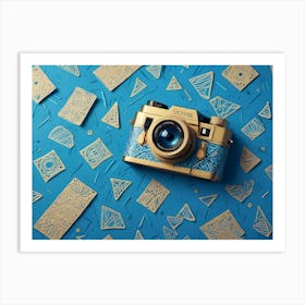 A Vintage Camera With A Gold Finish, Surrounded By Various Geometric Shapes In Shades Of Gold And Blue, Creating A Visually Interesting Composition Art Print