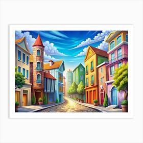 Colorful Cartoon Town With Cobblestone Street Art Print