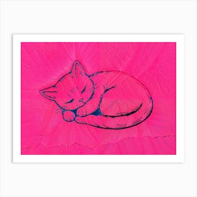 Cat Sleeping On A Pink Leaf Art Print