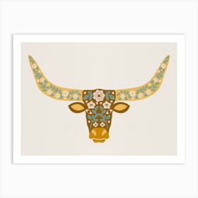 Floral Longhorn   Yellow And Blue Art Print