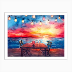 Watercolor Painting Of A Table With Chairs And String Lights With Red Lantern Art Print