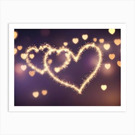 Two Glowing Heart Shapes With A Blurred Background Of Golden Hearts, Representing Love And Romance Art Print