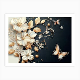 White Flowers And Butterflies Art Print