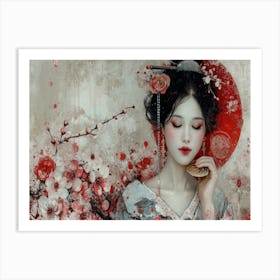 Geisha Grace: Elegance in Burgundy and Grey. Asian Woman Art Print