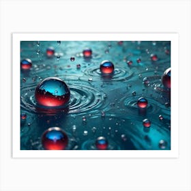 Water Drops Of Varying Sizes, Some With A Red And Blue Reflection, Create Ripples On A Blue Green Surface Art Print