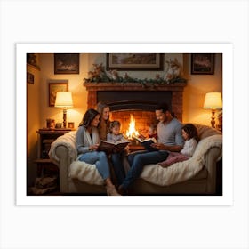 Cozy Room Interior In A Norman Rockwell Painting Style Family Of Four Engaged In A Shared Reading M (3) Art Print