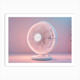 A White Electric Fan With A Round Base Sits On A Pink Floor With A Pink Wall And A Potted Plant In The Background, Illuminated By Pink And Blue Lights Art Print