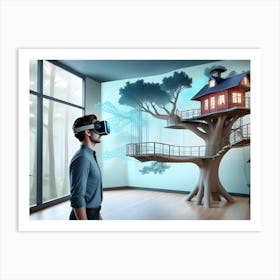 A Man Wearing A Vr Headset Experiences A Virtual Reality Treehouse In A Room With A Large Window Overlooking A Forest Art Print