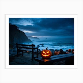 Coastline Celebration Captured At Dusk A Single Jack O Lantern With A Carved Face Glowing Eerily On (1) Art Print