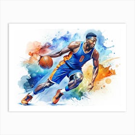 Basketball Player Dribbling With A Watercolor Background Art Print