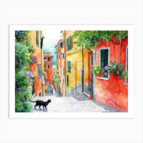 Black Cat In Como, Italy, Street Art Watercolour Painting 1 Art Print