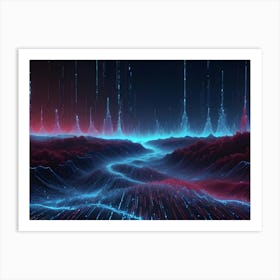 A Futuristic, Abstract Landscape With Glowing Lines Forming A River Flowing Through A Digital Forest Art Print