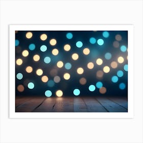 A Warm And Inviting Background With A Wooden Floor In The Foreground And A Blurred Background Of Blue And Yellow Bokeh Lights Art Print