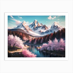 Mountain River with Cherry Blossom and Alps view #5 - Oil Painting Art Print