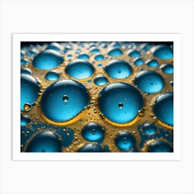 Close Up Macro Photography Of Blue Water Droplets Resting On A Textured, Golden Surface Art Print