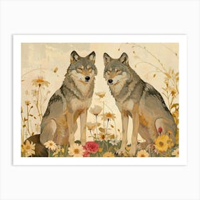 Floral Animal Illustration Timber Wolf 1 Art Print