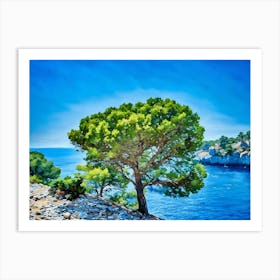 Cassis Calanque Port Miou. A solitary tree with lush green foliage stands on a rocky cliff overlooking a serene blue bay. The tree's branches extend towards the water, creating a sense of tranquility and connection to the natural world. The sky is a vibrant blue, reflecting the color of the water below. The rocky terrain and the surrounding trees add depth and texture to the scene, creating a picturesque landscape. Art Print