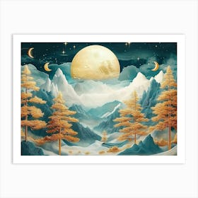 3d Art Landscape Moon, Golden Christmas Trees, Colorful Mountains 1 Art Print