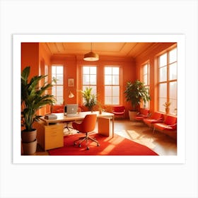 Modern Office Interior With Plants, Orange Walls, Red Furniture, Windows, Desk, And A Laptop Computer Art Print