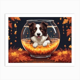 Border Collie Dog Sitting In A Giant Fishbowl On Top Of Autumn Leaves Art Print