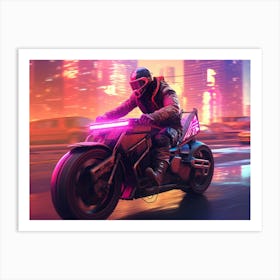 Cyberpunk biker riding a sleek, futuristic motorbike Art Print