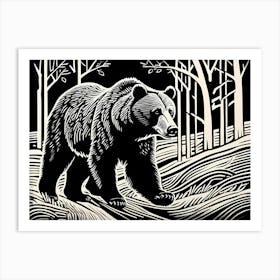 Playful Bear Captured In The Style Of A Linocut, black and white art, animal art, 165 Art Print