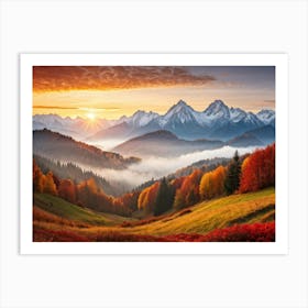 Autumn Landscape Panoramic View Of The Tatra Mountains Leaves In Vivid Shades Of Red Orange And Art Print