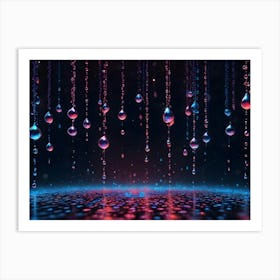 Shimmering, Reflective Droplets Hang Suspended, Illuminated By Neon Lights, Against A Dark Background With A Digital, Textured Floor Art Print