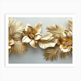 Gold Floral Plants and Palm Leaves 3d Illustration, Grey Background, Abstract Tropical Leaves, Banana Leaves 1 Art Print