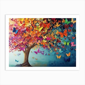 Butterflies Art Vibrant Multicolored Tree with Hanging Leaves 3d Abstract Art Print