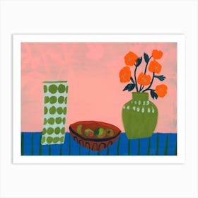 Orange Flowers And A Bowl Of Apples Art Print
