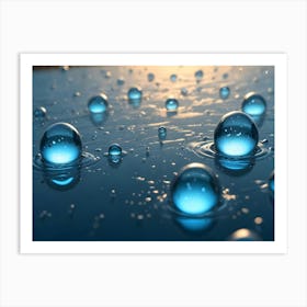 A Close Up Shot Of Water Droplets Of Various Sizes On A Blue Surface, With Some Droplets In Focus And Others Out Of Focus, Creating A Sense Of Depth And Texture Art Print