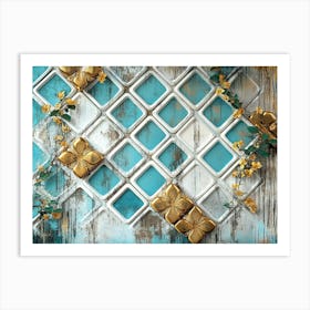 Turquoise golden floral oak background framed by white lattice tiles Art Print