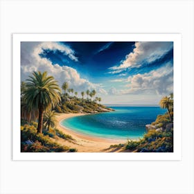 Oil painting of a mediterranean coastal landscape with a sand beach and palm trees Art Print