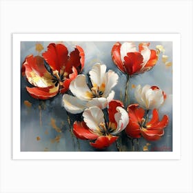 Gold Plated Red And White Parrot Tulips Flowers Art Print