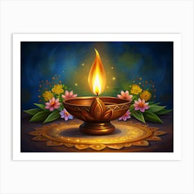 Golden Diwali Diya With Flowers And Blurred Background Art Print